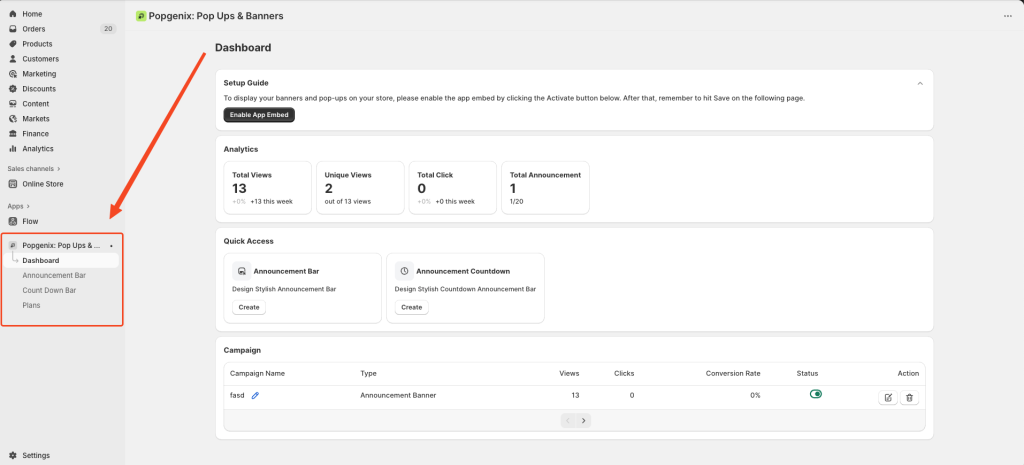 Popgenix sidebar navigation menu showing dashboard, announcement bar, countdown bar, plans, and settings options