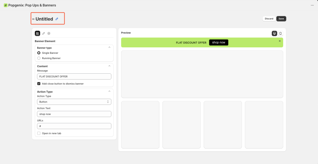 Step-by-step Popgenix announcement bar editor guide showing how to create, customize, and schedule banners with options for banner type, content, action type, design settings, and display scheduling.