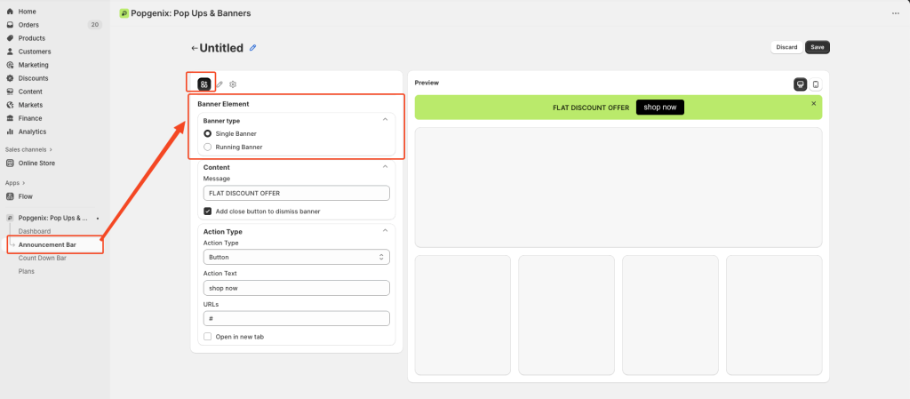 Step-by-step Popgenix announcement bar editor guide showing how to create, customize, and schedule banners with options for banner type, content, action type, design settings, and display scheduling.