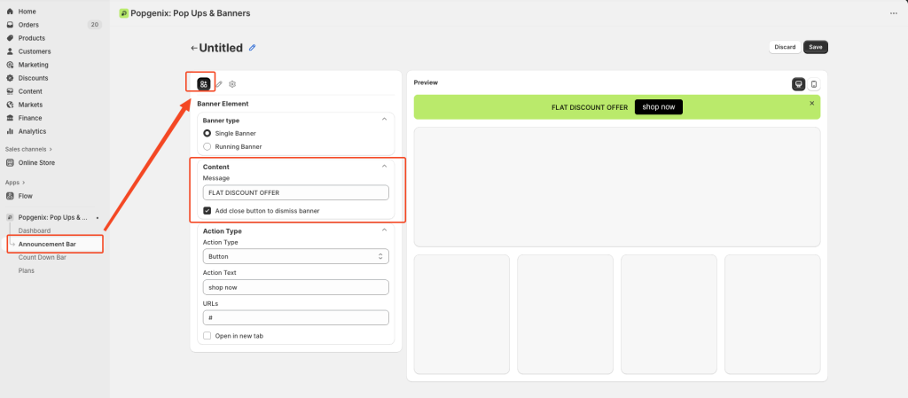 Step-by-step Popgenix announcement bar editor guide showing how to create, customize, and schedule banners with options for banner type, content, action type, design settings, and display scheduling.