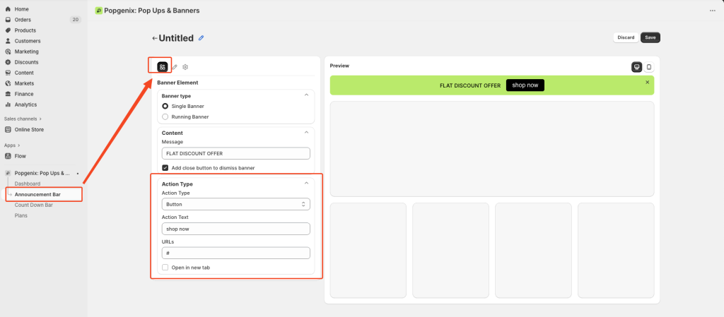 Step-by-step Popgenix announcement bar editor guide showing how to create, customize, and schedule banners with options for banner type, content, action type, design settings, and display scheduling.