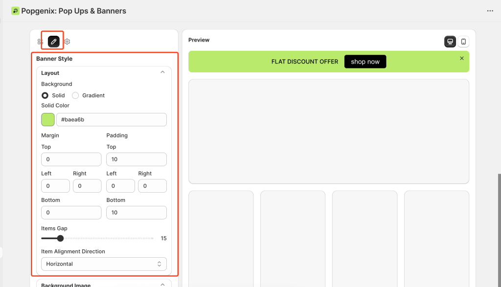 Step-by-step Popgenix announcement bar editor guide showing how to create, customize, and schedule banners with options for banner type, content, action type, design settings, and display scheduling.