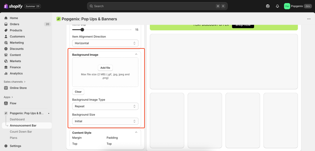 Step-by-step Popgenix announcement bar editor guide showing how to create, customize, and schedule banners with options for banner type, content, action type, design settings, and display scheduling.
