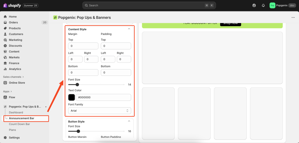 Step-by-step Popgenix announcement bar editor guide showing how to create, customize, and schedule banners with options for banner type, content, action type, design settings, and display scheduling.