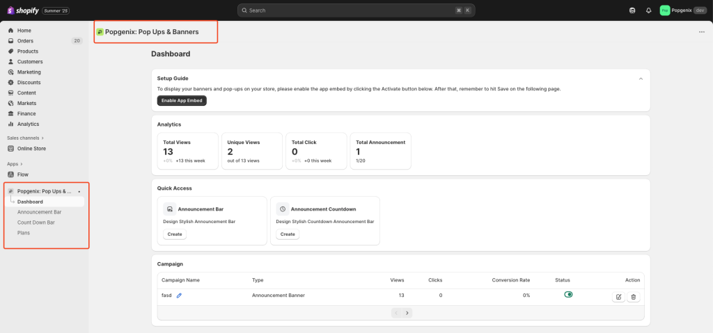Popgenix Shopify app dashboard header showing app title and navigation options