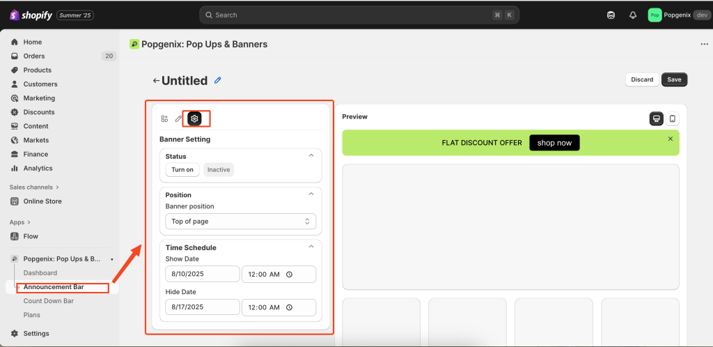 Step-by-step Popgenix announcement bar editor guide showing how to create, customize, and schedule banners with options for banner type, content, action type, design settings, and display scheduling.