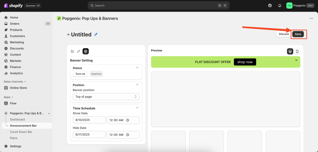 Step-by-step Popgenix announcement bar editor guide showing how to create, customize, and schedule banners with options for banner type, content, action type, design settings, and display scheduling.