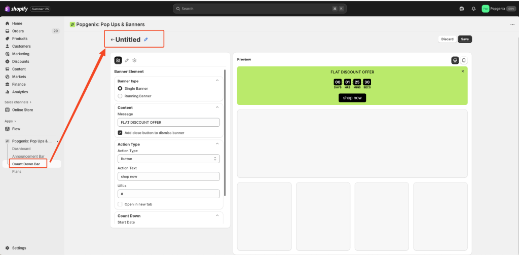 Shopify Countdown Timer Editor step-by-step guide showing how to create, customize, style, and schedule countdown banners with message, button, and timer settings in Popgenix app.