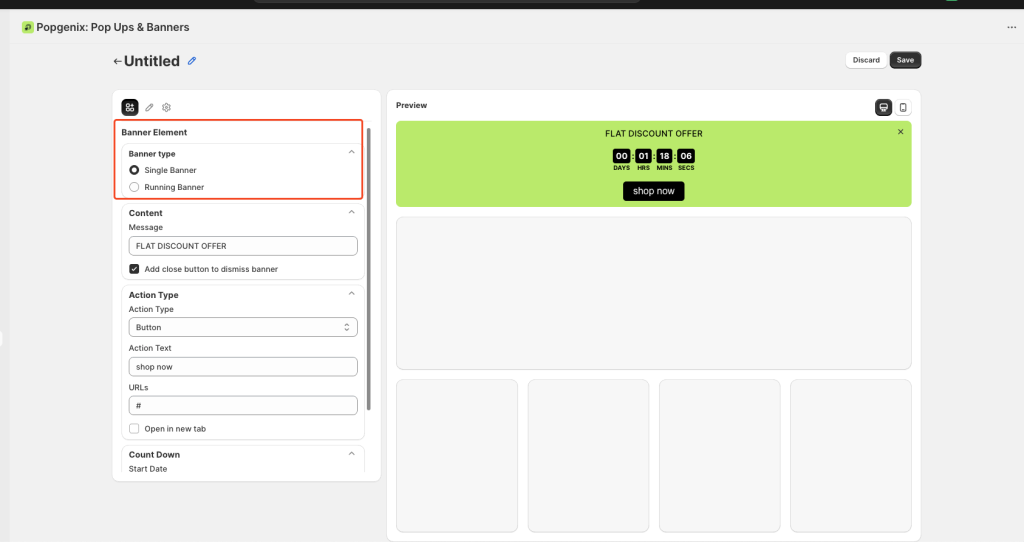 Shopify Countdown Timer Editor step-by-step guide showing how to create, customize, style, and schedule countdown banners with message, button, and timer settings in Popgenix app.