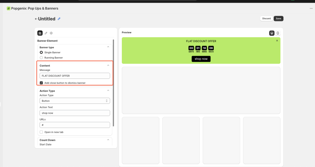 Shopify Countdown Timer Editor step-by-step guide showing how to create, customize, style, and schedule countdown banners with message, button, and timer settings in Popgenix app.