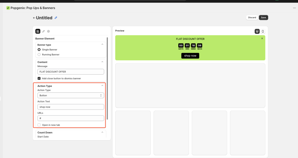 Shopify Countdown Timer Editor step-by-step guide showing how to create, customize, style, and schedule countdown banners with message, button, and timer settings in Popgenix app.