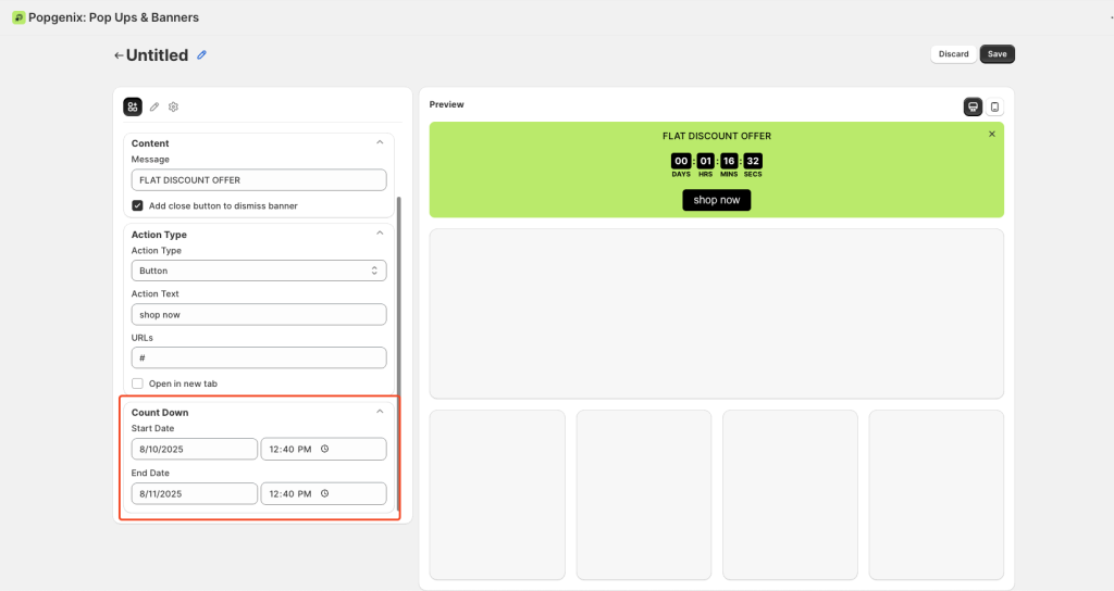 Shopify Countdown Timer Editor step-by-step guide showing how to create, customize, style, and schedule countdown banners with message, button, and timer settings in Popgenix app.