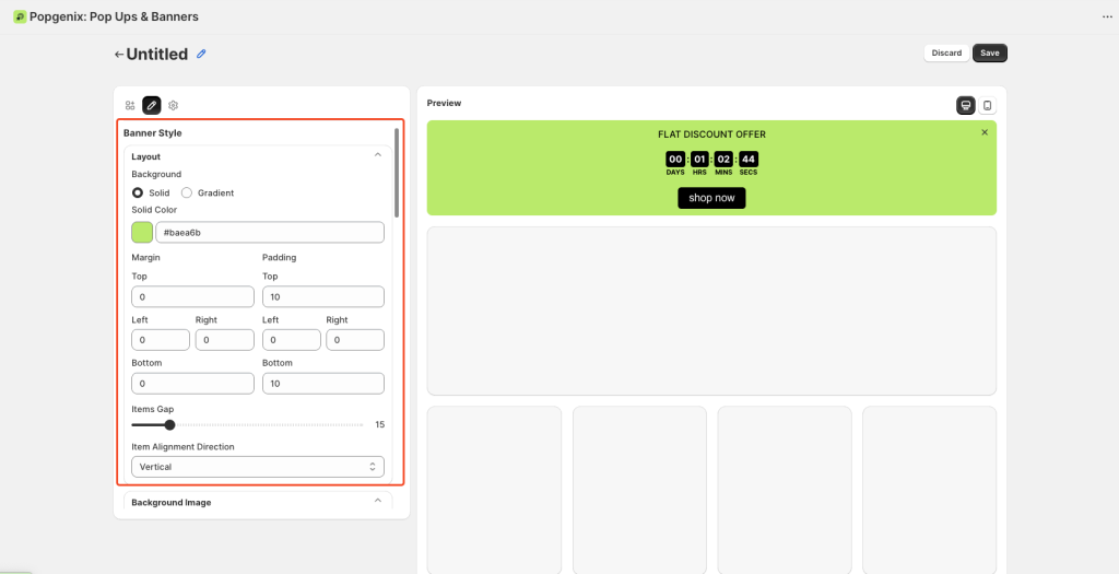 Shopify Countdown Timer Editor step-by-step guide showing how to create, customize, style, and schedule countdown banners with message, button, and timer settings in Popgenix app.