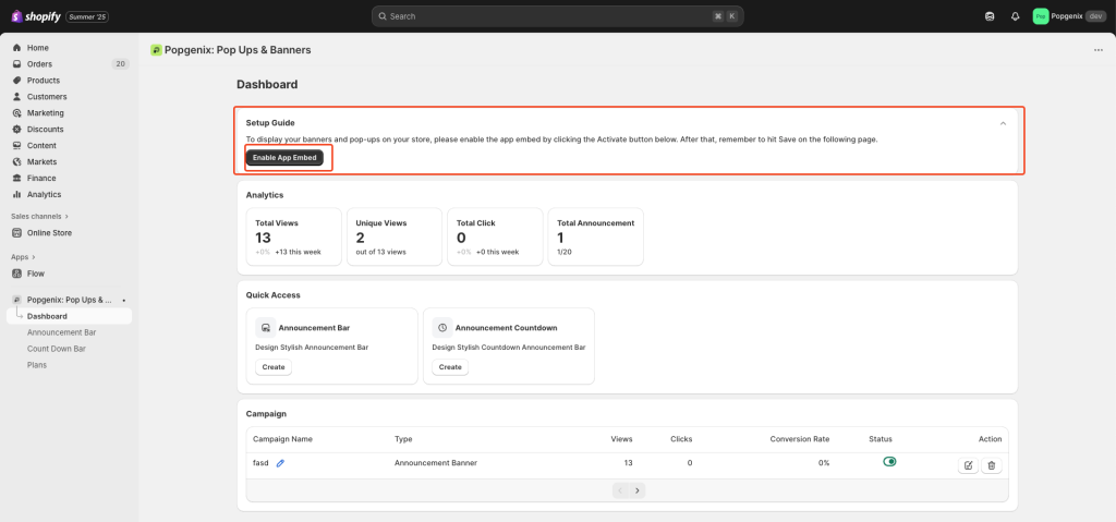 Popgenix setup guide with enable app embed button highlighted in the dashboard