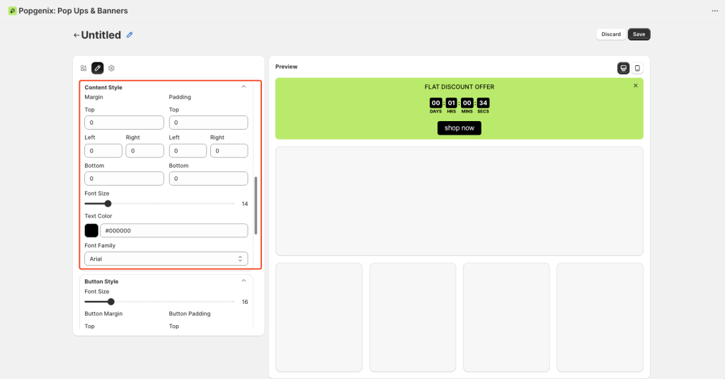 Shopify Countdown Timer Editor step-by-step guide showing how to create, customize, style, and schedule countdown banners with message, button, and timer settings in Popgenix app.