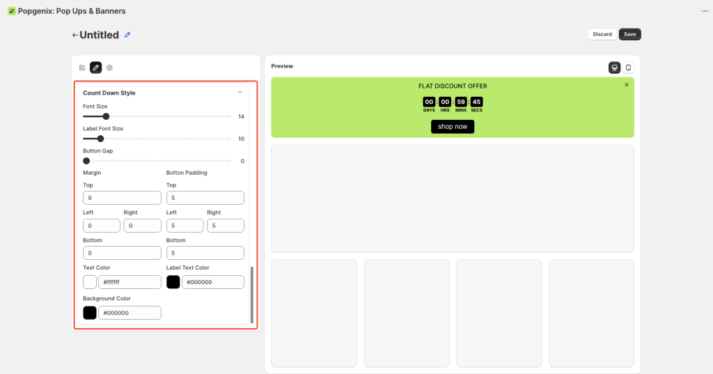 Shopify Countdown Timer Editor step-by-step guide showing how to create, customize, style, and schedule countdown banners with message, button, and timer settings in Popgenix app.