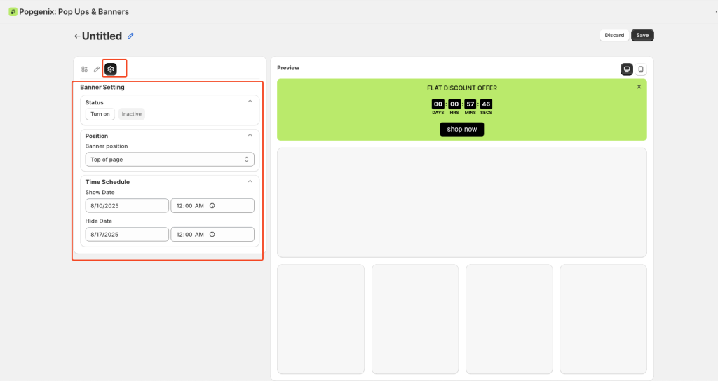 Shopify Countdown Timer Editor step-by-step guide showing how to create, customize, style, and schedule countdown banners with message, button, and timer settings in Popgenix app.