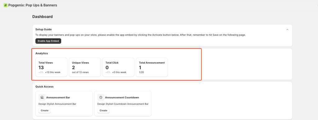 Popgenix dashboard analytics showing total views, unique views, clicks, and total announcements