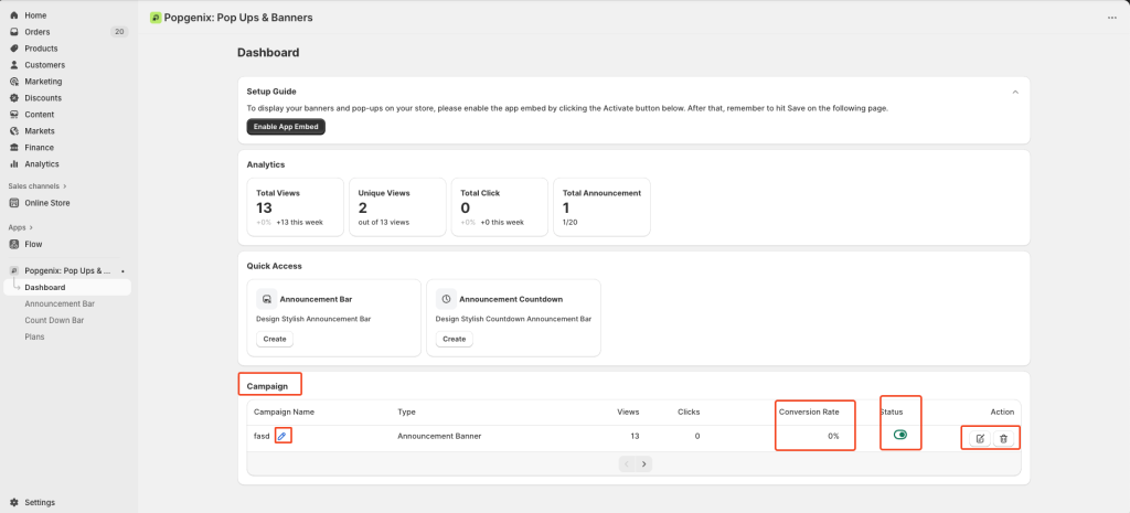 Popgenix campaigns table listing campaign name, type, views, clicks, conversion rate, status toggle, and action buttons